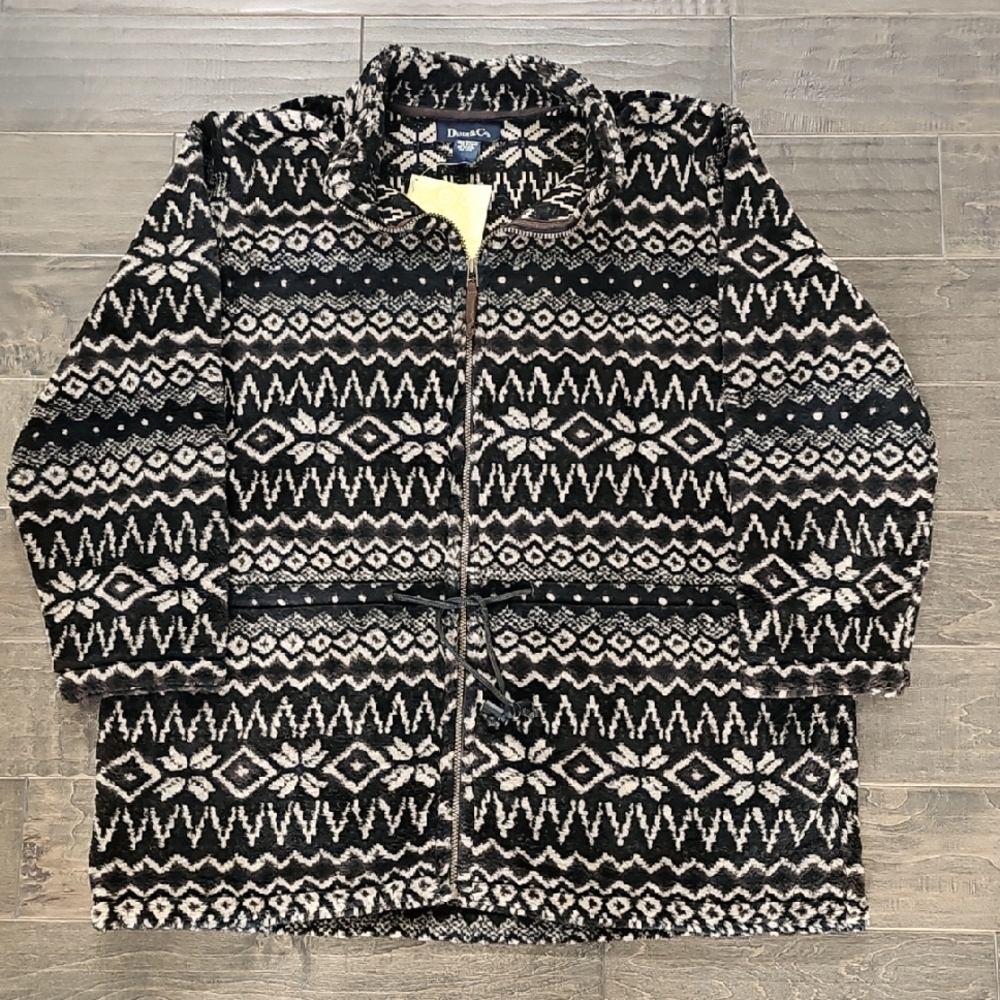 New Denim & Co. Black Soft Cozy Aztec Southwestern Long Fleece Jacket Sz 1X